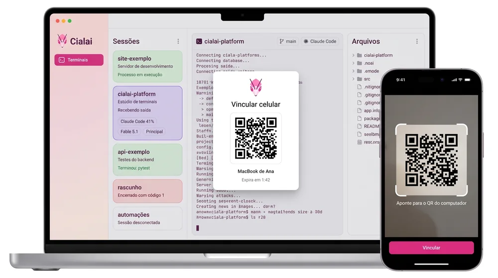 Notebook com o diálogo Vincular celular e um iPhone lendo o QR code