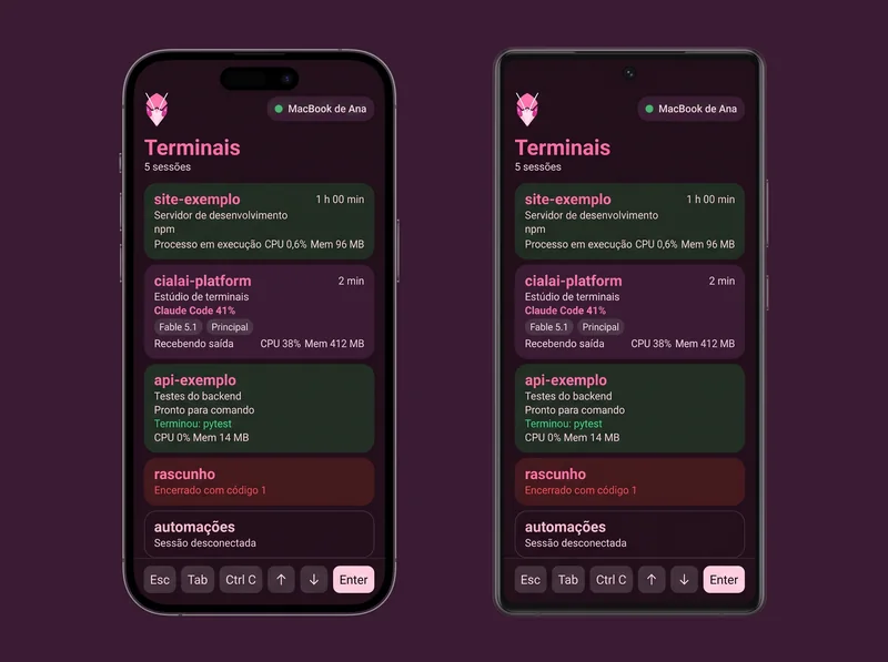 Um iPhone 15 e um Android mostrando a lista de sessões do Cialai